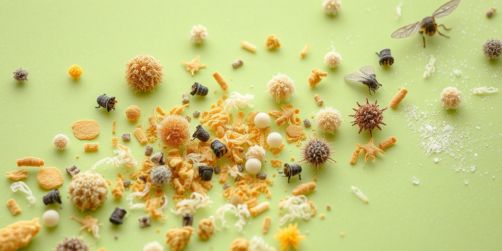 Close-up of outdoor allergy triggers like pollen and mold spores, showcasing their textures against a soft green background.  2.png