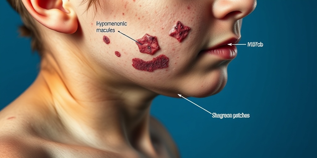 Close-up of skin lesions associated with Tuberous Sclerosis, set against a subtle blue background for educational focus.  2.png
