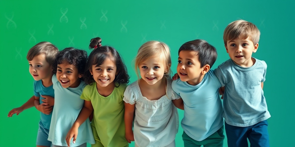 Diverse children play together, with genetic symbols subtly overlaying, promoting awareness of muscular dystrophy. 3.png