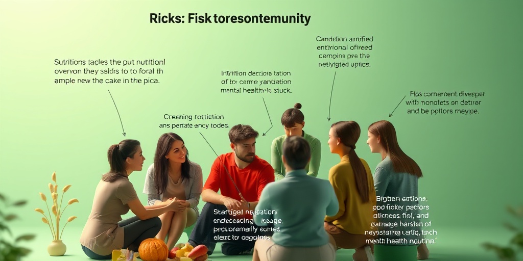 Diverse individuals discuss pica risk factors in a supportive setting, with warm lighting and a calming green-blue background.  3.png