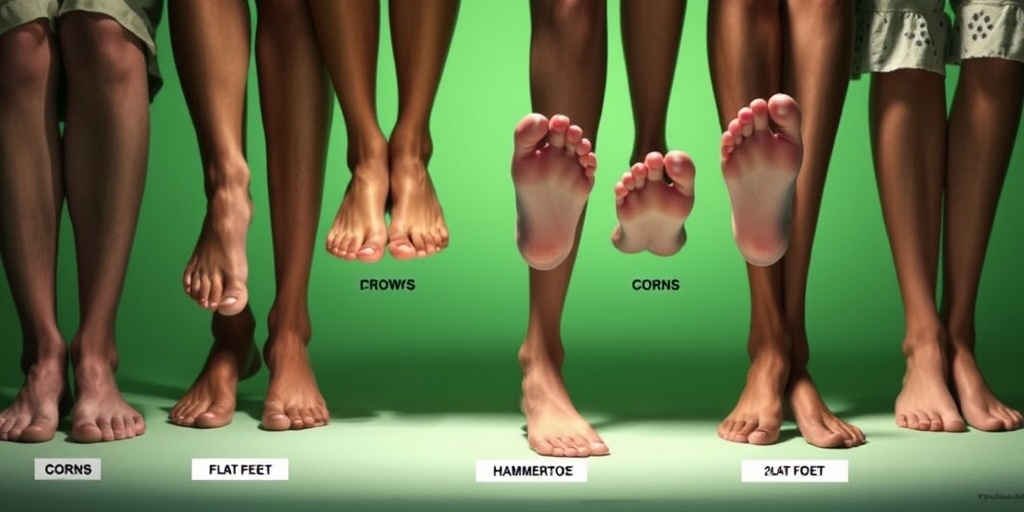 Diverse individuals display flat feet and hammertoes, set against a calming green backdrop with informative text overlays.  2.png