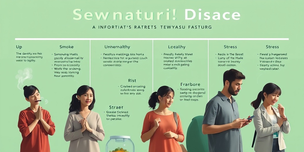 Diverse individuals illustrate Takayasu Disease risk factors, engaging in unhealthy habits against a harmonious green and blue background.  3.png