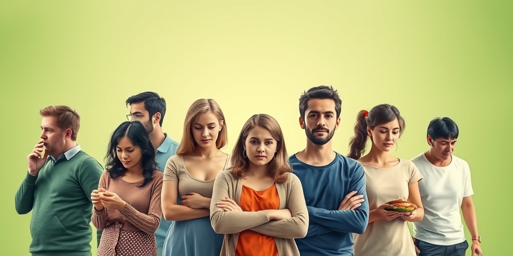 Diverse individuals illustrate risk factors for lymphoma, highlighting lifestyle choices like smoking and unhealthy eating in a vibrant setting. 3.png