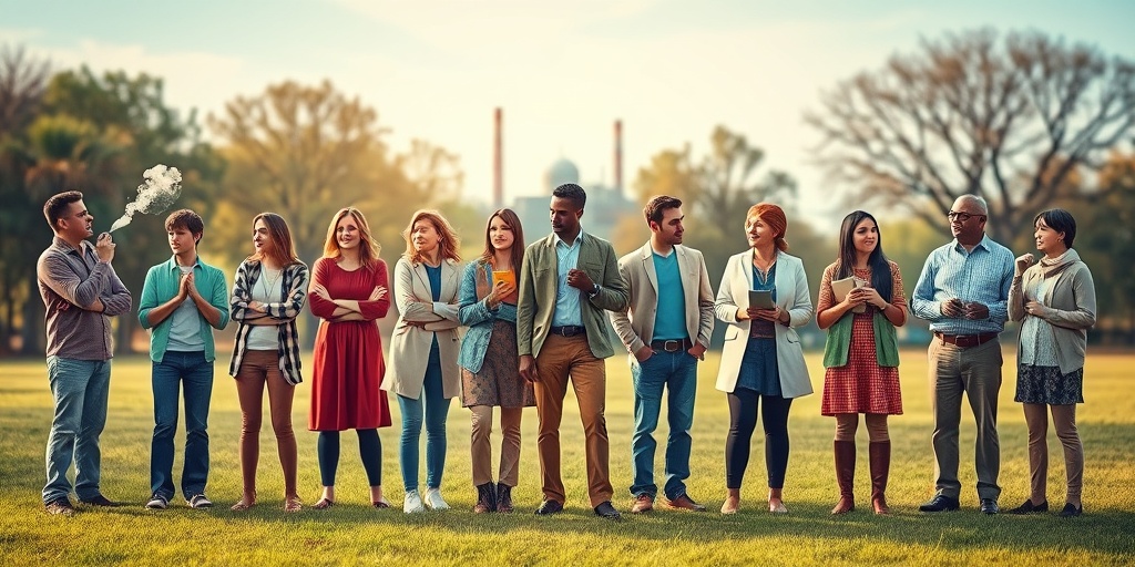 Diverse individuals in a park represent familial emphysema risk factors, engaging in activities like smoking and discussing health history.  3.png