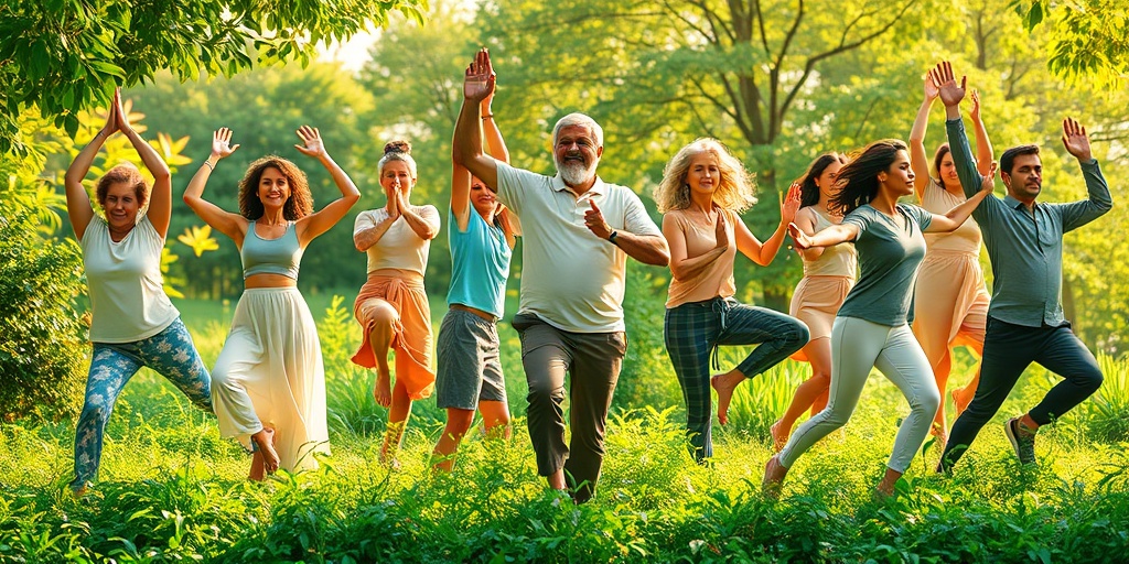 Dynamic scene of individuals practicing yoga and tai chi outdoors, surrounded by lush greenery, showcasing focus and community.  3.png