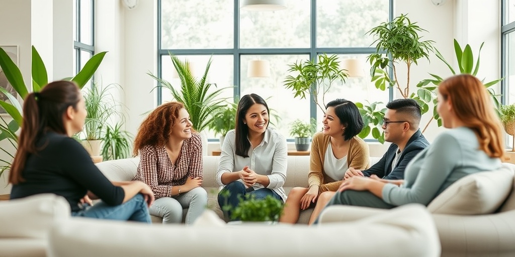 Employees engaged in a team-building exercise in a bright, inviting workspace filled with plants and comfortable seating.4.png
