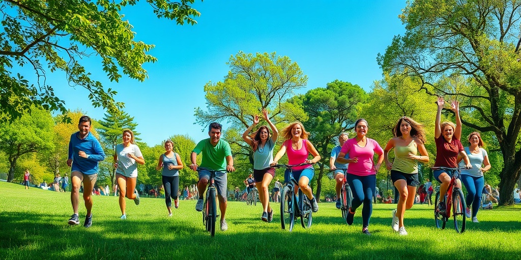 Energetic outdoor exercise scene with diverse individuals jogging and cycling, radiating joy amidst vibrant green grass and blue sky.  4.png