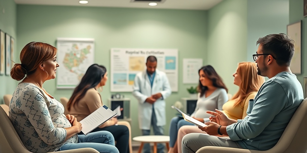 Expectant parents engaged in a prenatal education class, fostering community and support while discussing strategies to prevent delivery complications.5.png