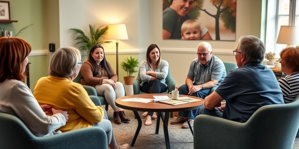 Families share experiences in a cozy support group, fostering connection and understanding in a warm community center. 5.png