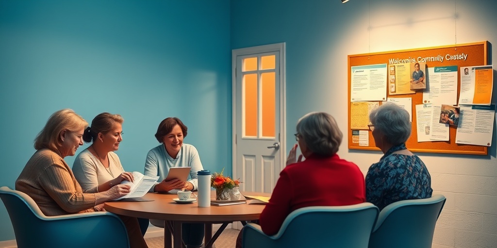 Families sharing experiences in a community center support group, surrounded by resource materials and a bulletin board.  5.png