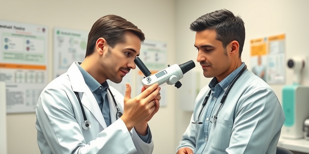 Healthcare professional examining hives with a dermatoscope, medical charts in background, creating a clinical atmosphere. 3.png