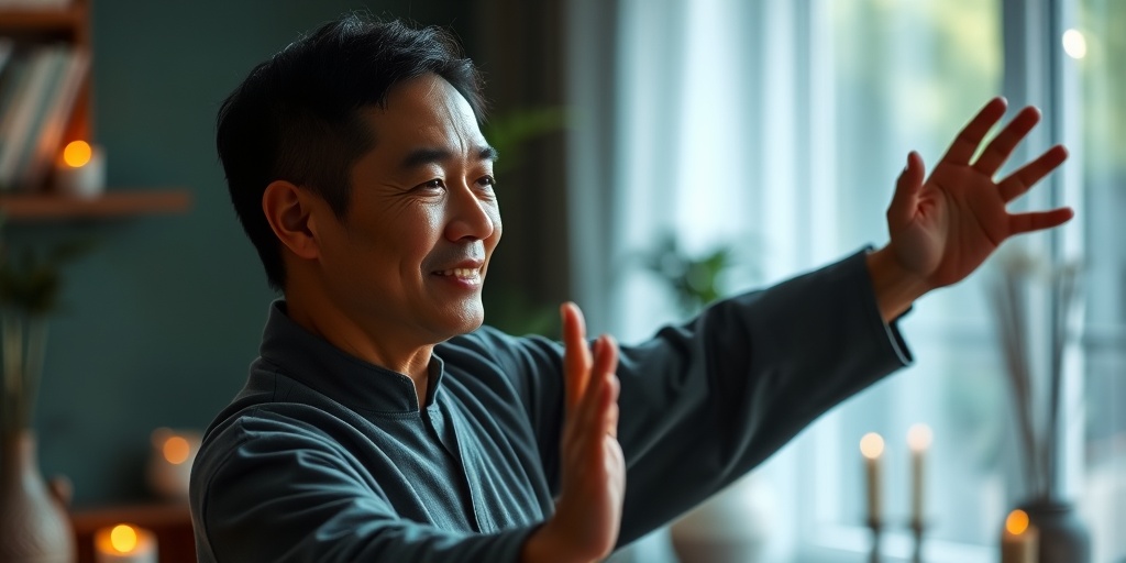 Individual performing Chi Gong indoors, illuminated by soft lighting, showcasing relief and mindfulness in a serene space. 3.png