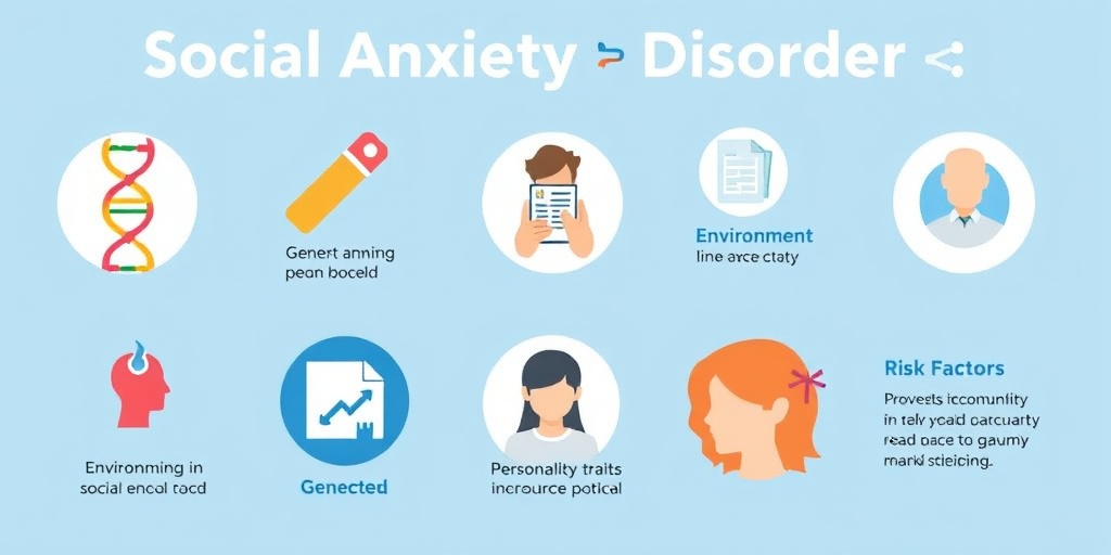 Infographic illustrating social anxiety disorder risk factors, featuring engaging icons on a subtle blue background.3.png