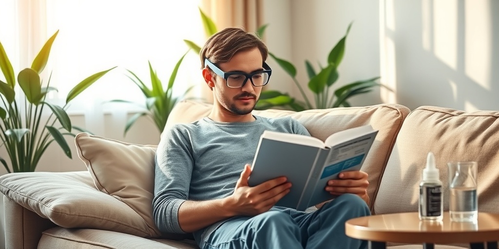 Post-surgery, a patient relaxes at home in protective eyewear, reading a book, surrounded by healing green plants.  4.png