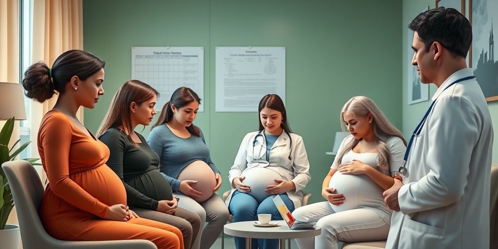Pregnant individuals discussing health risks with a physician in a warm consultation setting, surrounded by educational materials and supportive lighting.3.png