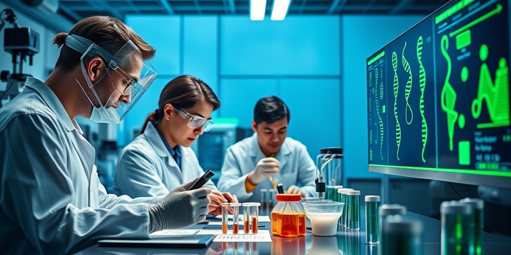 Scientists analyze samples in a high-tech lab, showcasing ongoing research on Canavan Disease with advanced equipment and data.  5.png