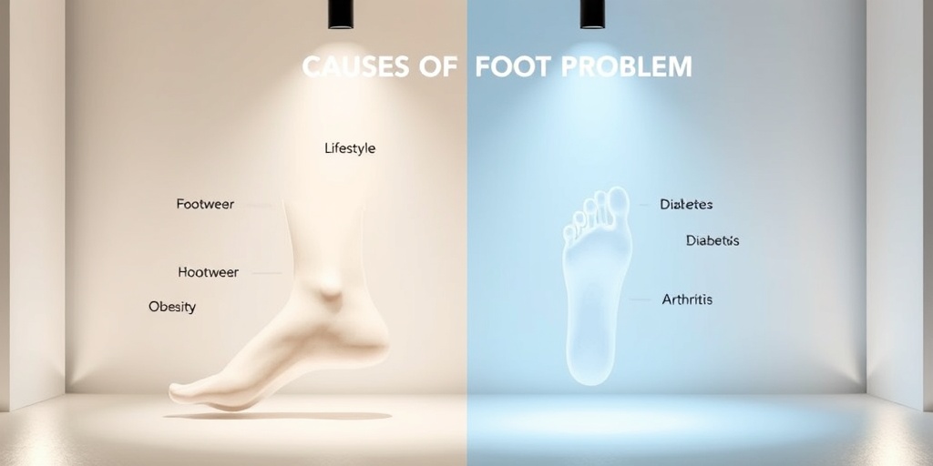 Split-screen design illustrating lifestyle factors and medical conditions affecting foot health, with a cohesive creamy white and blue palette.  3.png