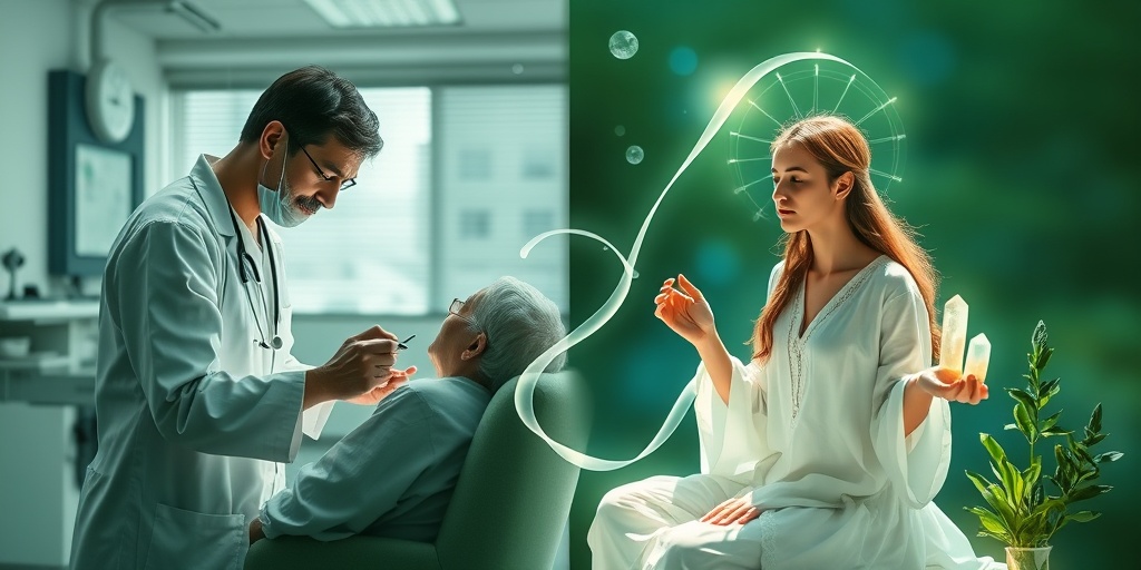 The image juxtaposes a doctor in a clinical setting with a spiritual healer using crystals, symbolizing holistic wellness.  3.png