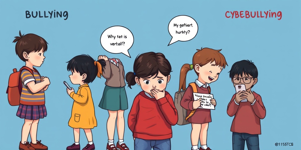 Various bullying scenarios unfold, showcasing teasing, pushing, and cyberbullying, set against a somber blue backdrop.  2.png