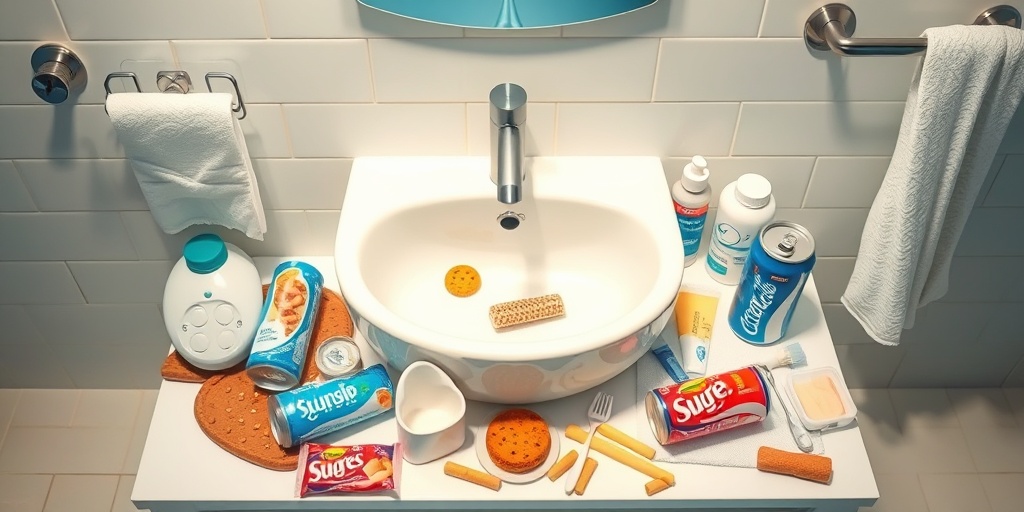 Various sugary snacks and poor hygiene products scattered around a bathroom sink, emphasizing dental health risks.  3.png