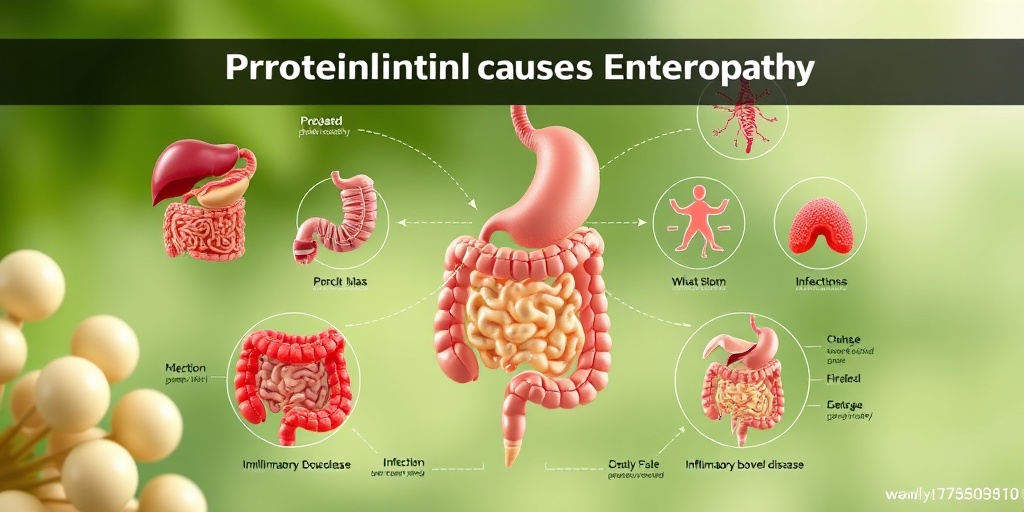 Visual representations of various causes of protein losing enteropathy, including inflammatory bowel disease and infections, in an educational setting.  3.png
