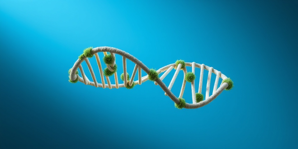 A 3D DNA double helix intertwined with genetic mutation visuals, set against a subtle blue background.  3.png
