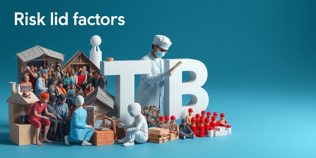 A 3D render illustrates TB risk factors, featuring crowded living conditions and a healthcare worker, against a blue backdrop. 3.png