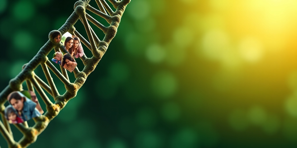 A DNA double helix intertwined with images of individuals with neurofibromatosis, symbolizing genetic complexity and hope.  3.png