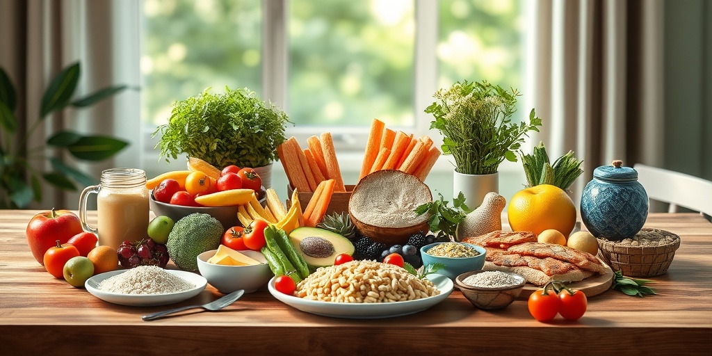 A beautifully arranged balanced meal on a wooden table showcases colorful fruits, vegetables, and whole grains for healthy eating.  2.png