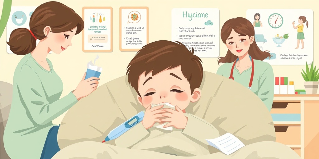 A child with a mild cold rests in a cozy corner, monitored by attentive staff, emphasizing care and health awareness.  3.png