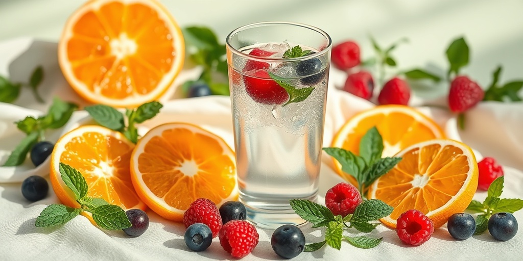 A clear glass of water surrounded by vibrant fruits and herbs, symbolizing hydration's beauty benefits in natural light.  2.png