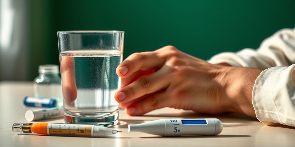 A close-up of a hand holding water, with a thermometer and medication nearby, emphasizing the urgency of Traveler's Diarrhea.2.png