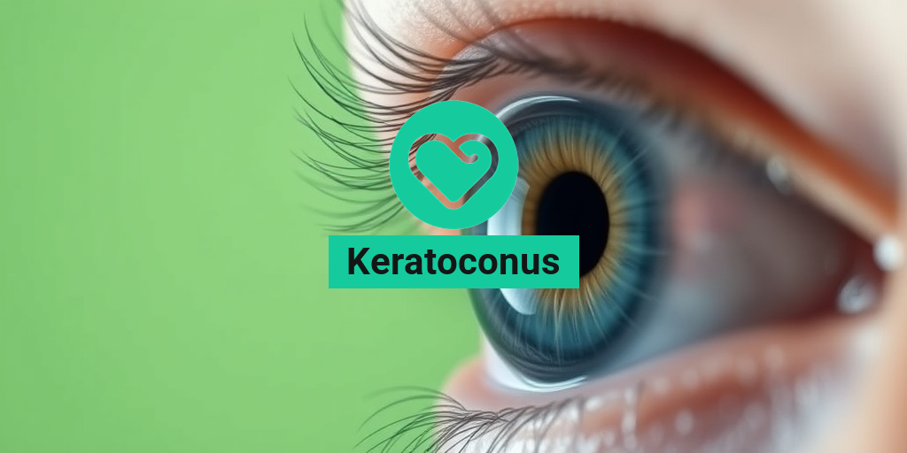 A close-up of a human eye with keratoconus, highlighting the irregular cone-shaped cornea against a soft green background. β’ Yesil Health AI