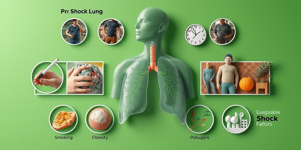 A collage of risk factors for Shock Lung, including smoking and obesity, set against a harmonious green background.  3.png