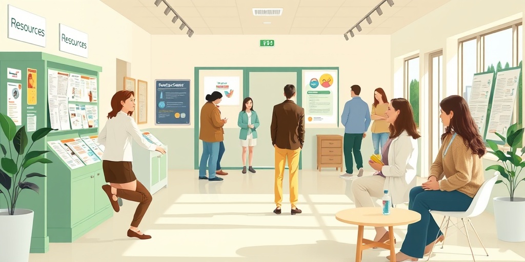 A community center offers resources for manic episodes, featuring brochures and friendly faces, emphasizing connection and support.  5.png