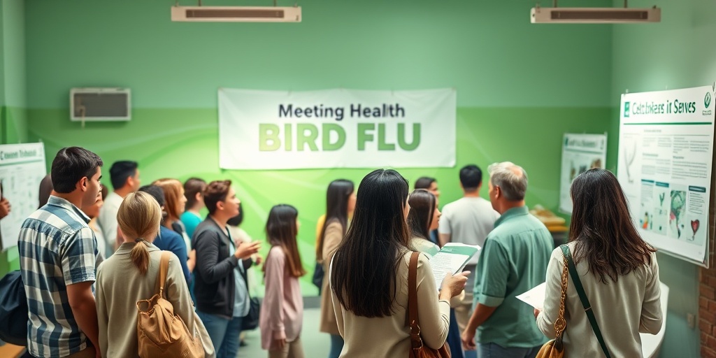 A community gathering in a center, engaging with Bird Flu awareness materials, promoting education and public health involvement.  5.png