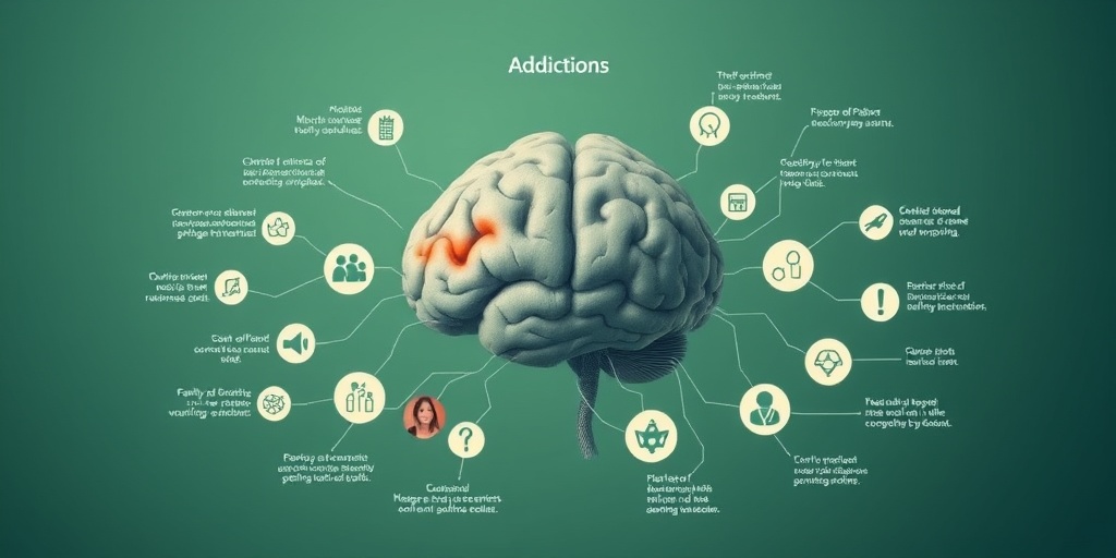 A complex web illustrates addiction causes, highlighting brain imbalances and environmental influences in a thoughtful color scheme.  3.png
