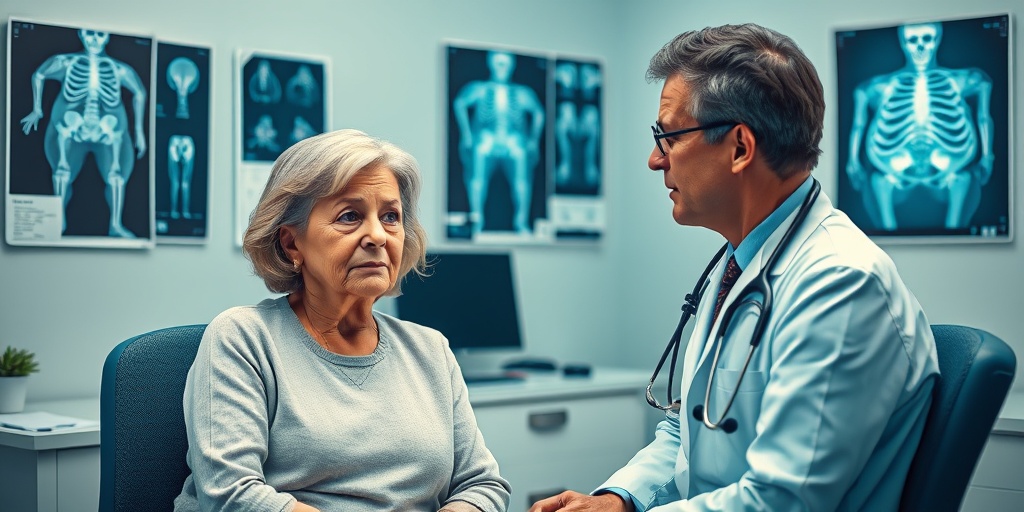 A concerned middle-aged woman discusses her fractures with a physician in a doctor's office, surrounded by medical charts. 2.png