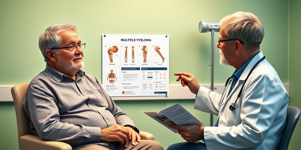 A concerned patient discusses symptoms of Multiple Myeloma with a doctor in a calming office environment.  2.png