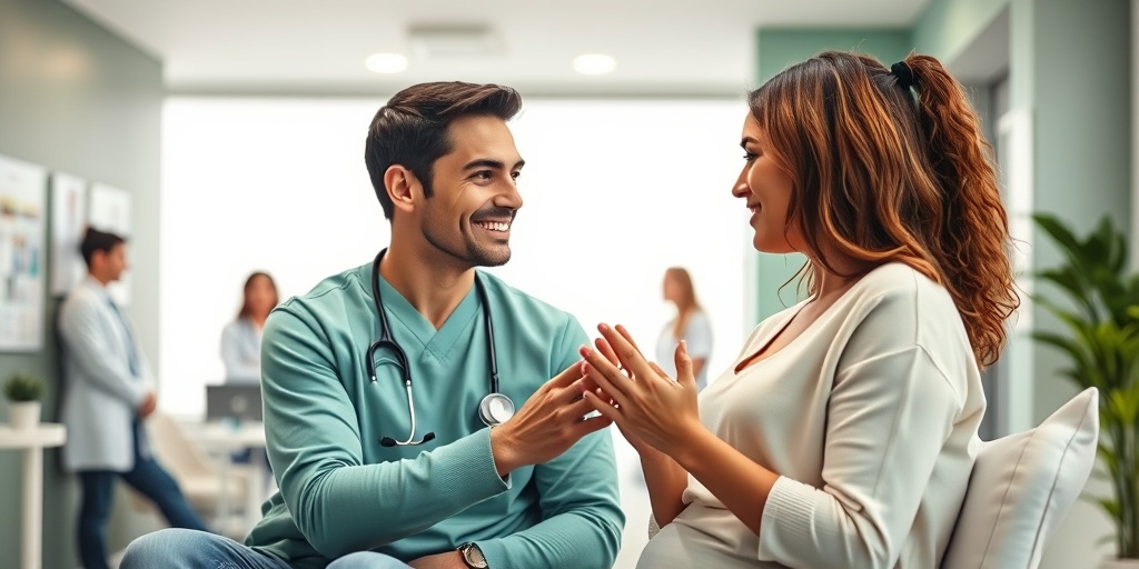 A couple discusses treatment options in a modern clinic, with supportive staff and medical charts, radiating hope and professionalism.  4.png