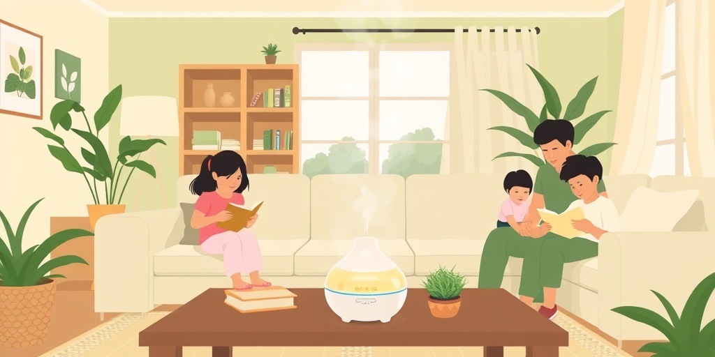 A cozy living room with a family enjoying aromatherapy, showcasing a diffuser and warm colors for relaxation.  5.png