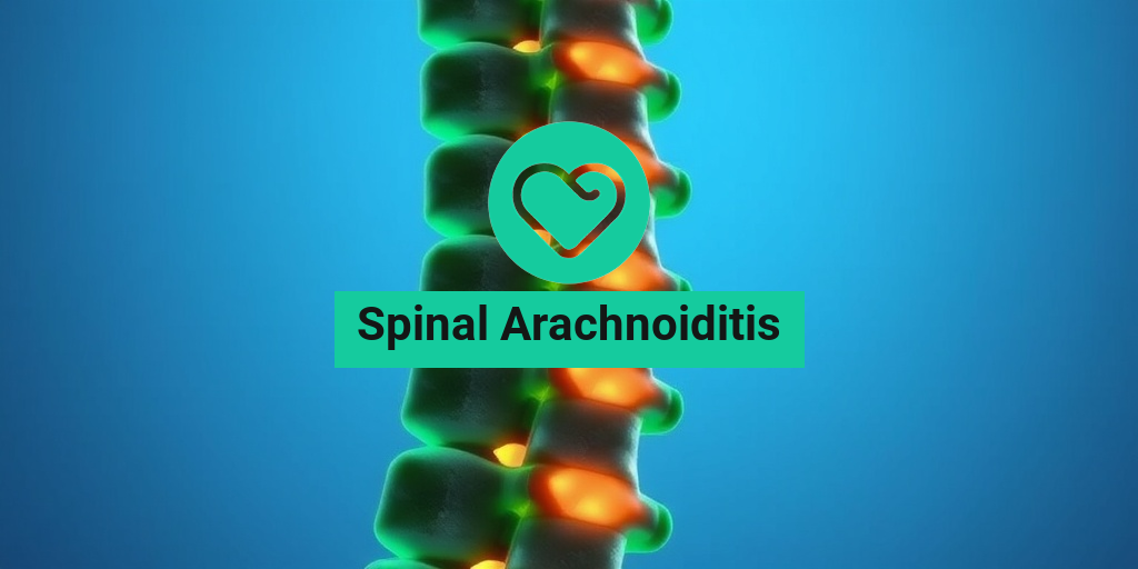 A detailed human spine illustration highlights inflammation, set against a calming blue background, emphasizing arachnoiditis. β’ Yesil Health AI