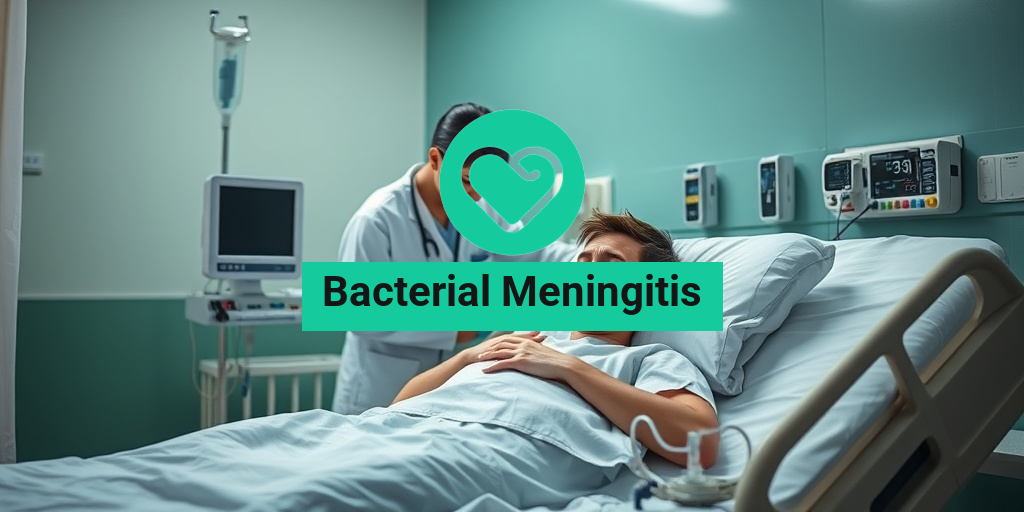 A distressed young adult in a hospital bed, with a healthcare professional examining symptoms of bacterial meningitis. • Yesil Health AI
