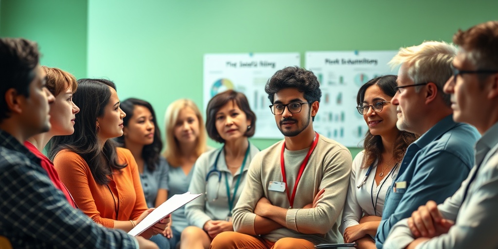 A diverse group discusses Zollinger-Ellison syndrome risk factors in a health seminar, fostering community awareness and education.  3.png