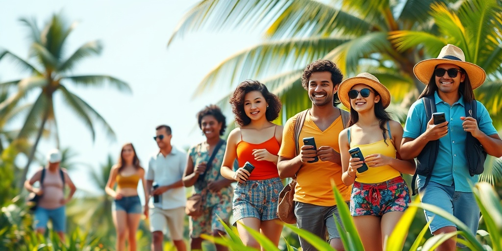 A diverse group in a tropical setting, engaging in outdoor activities while using insect repellent to highlight Chikungunya prevention awareness. 3.png