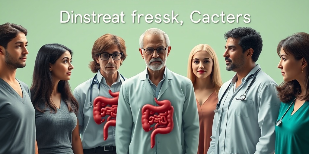 A diverse group of individuals in a clinical setting, each representing different risk factors for Thromboulcerative Colitis.  3.png