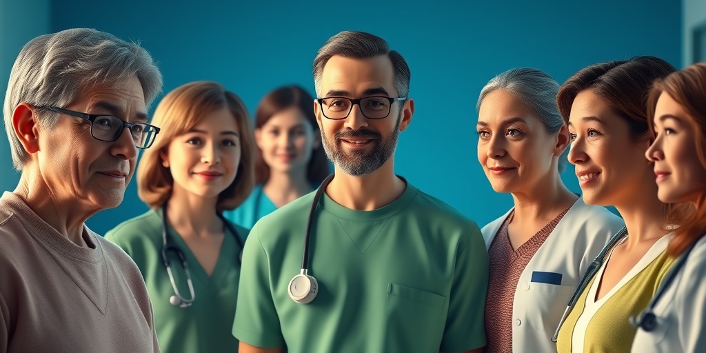 A diverse group of individuals representing risk factors for Carcinoid Apudoma in a healthcare environment, highlighting their interactions.  3.png