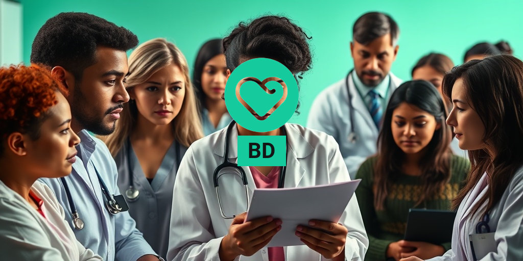 A diverse group of patients and healthcare professionals share a moment of empathy in a clinical setting. • Yesil Health AI