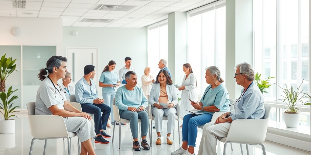 A diverse group of patients engages in therapies at a modern clinic, highlighting collaborative efforts in managing Brittle Bone Disease. 4.png