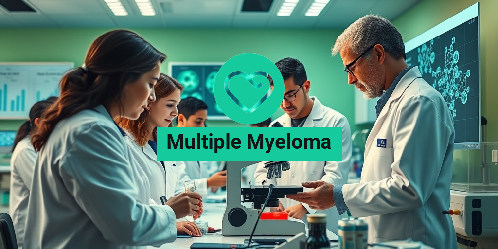 A diverse group of scientists examines blood samples in a modern laboratory focused on Multiple Myeloma research. • Yesil Health AI